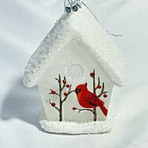 Kurt‎ Adler White Birdhouse With Cardinals Glass Ornament